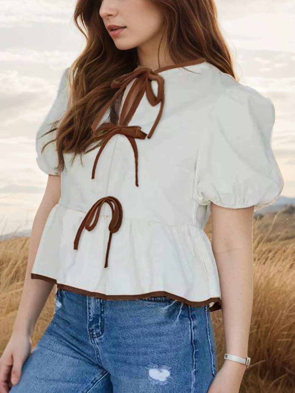 Tie-Front Puff Sleeve Peplum Blouse, image 2