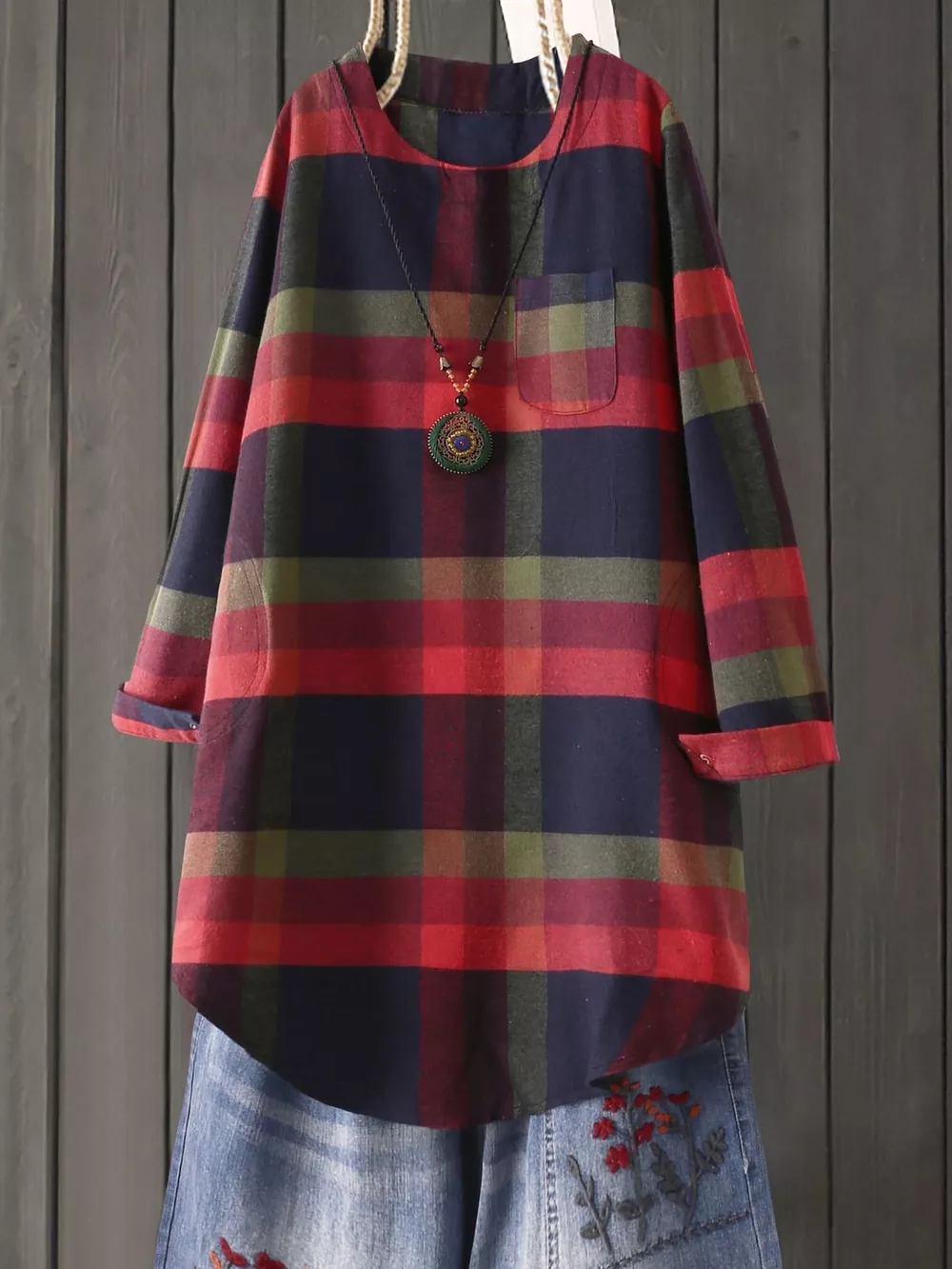 Vintage Plaid Loose Casual Long Sleeve Dress