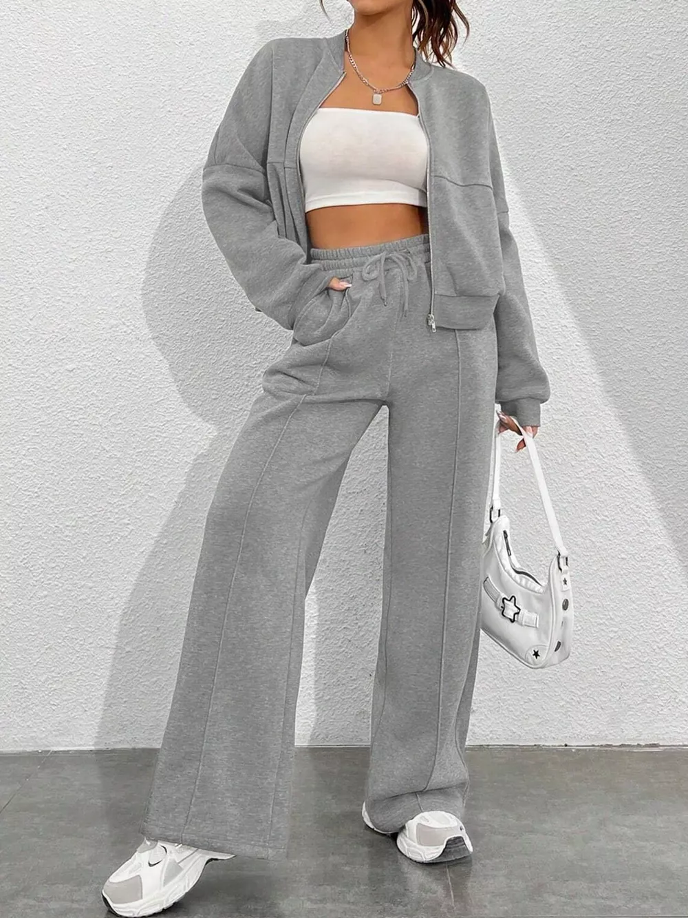 Casual Zip-Up Jacket and Wide-Leg Sweatpants Set, image 14