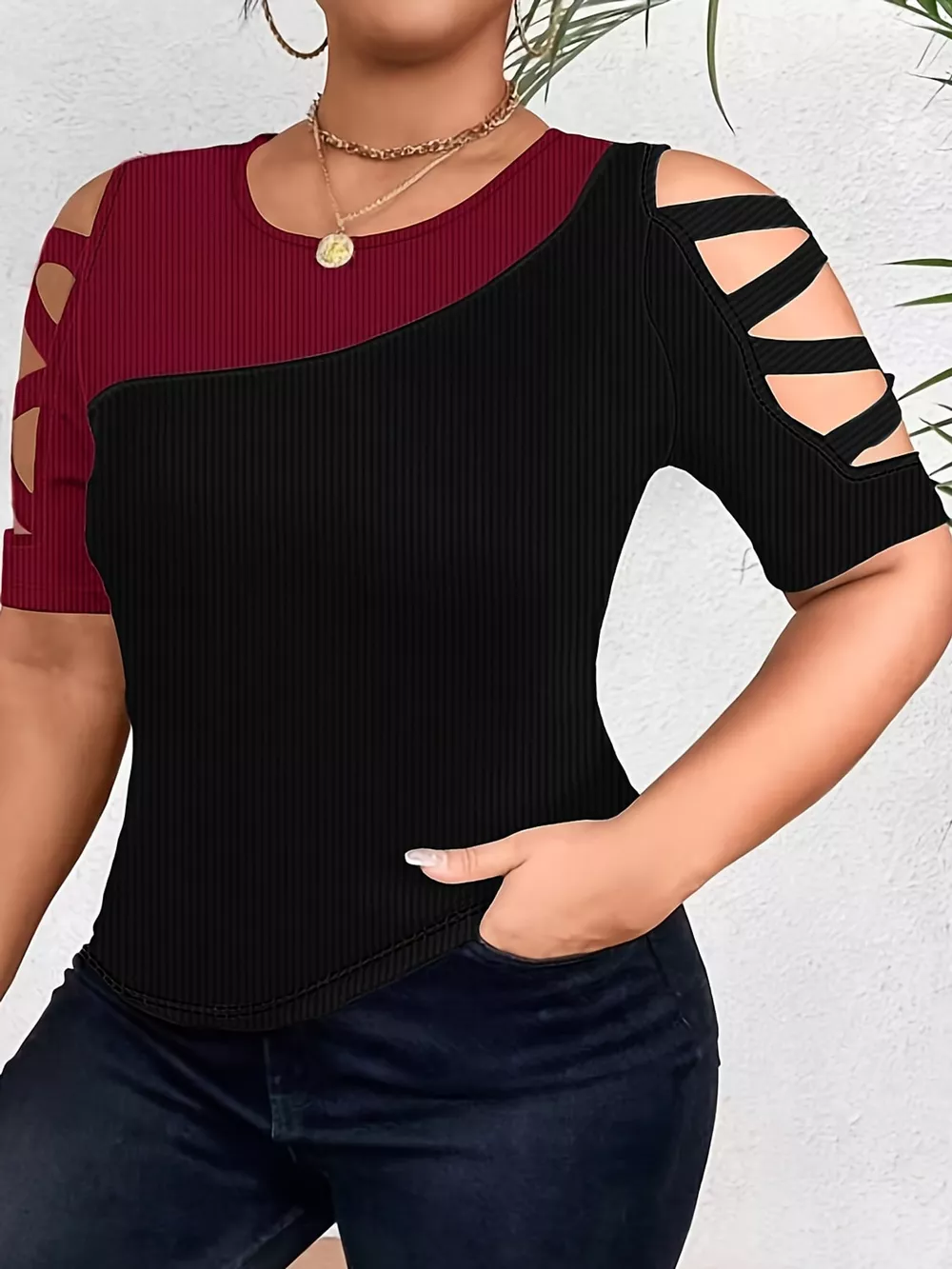 Plus Size Color Block Cutout Sleeve T-Shirt, image 9