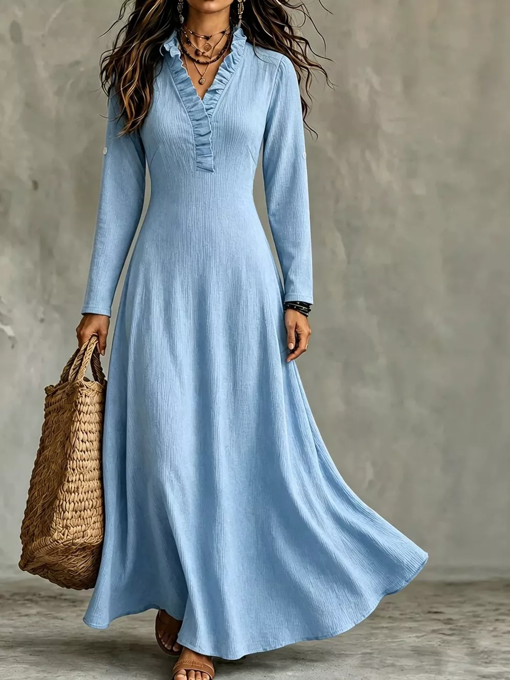 Full Size Frill Roll-Up Sleeve Maxi Dress Plus Size, image 32