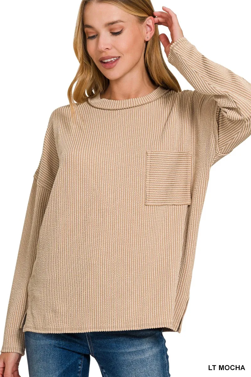 Long Sleeve Drop Shoulder Rib Top, image 2