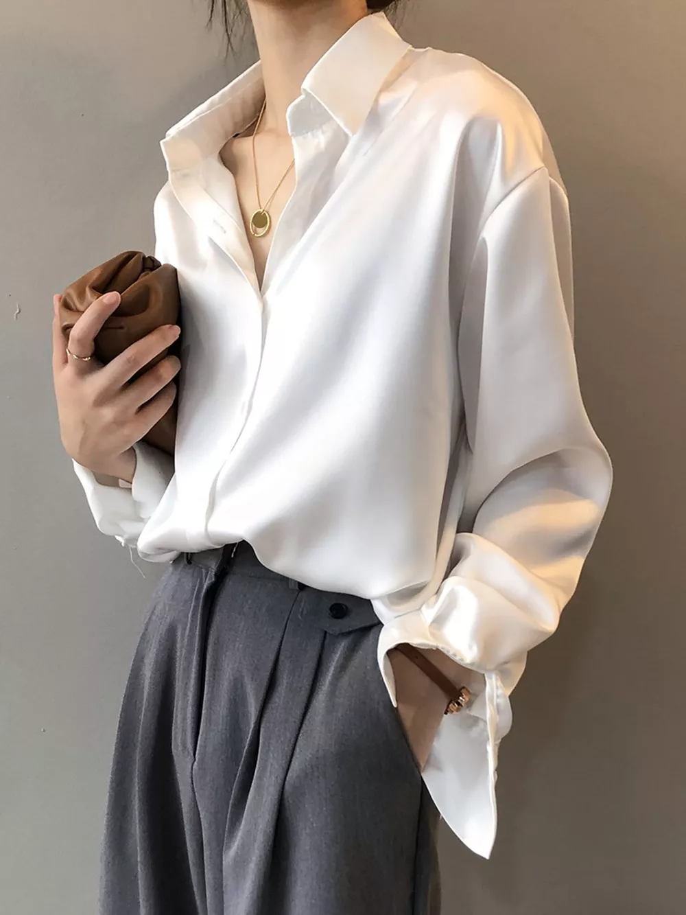 Satin Button-Down Long Sleeve Shirt, image 2