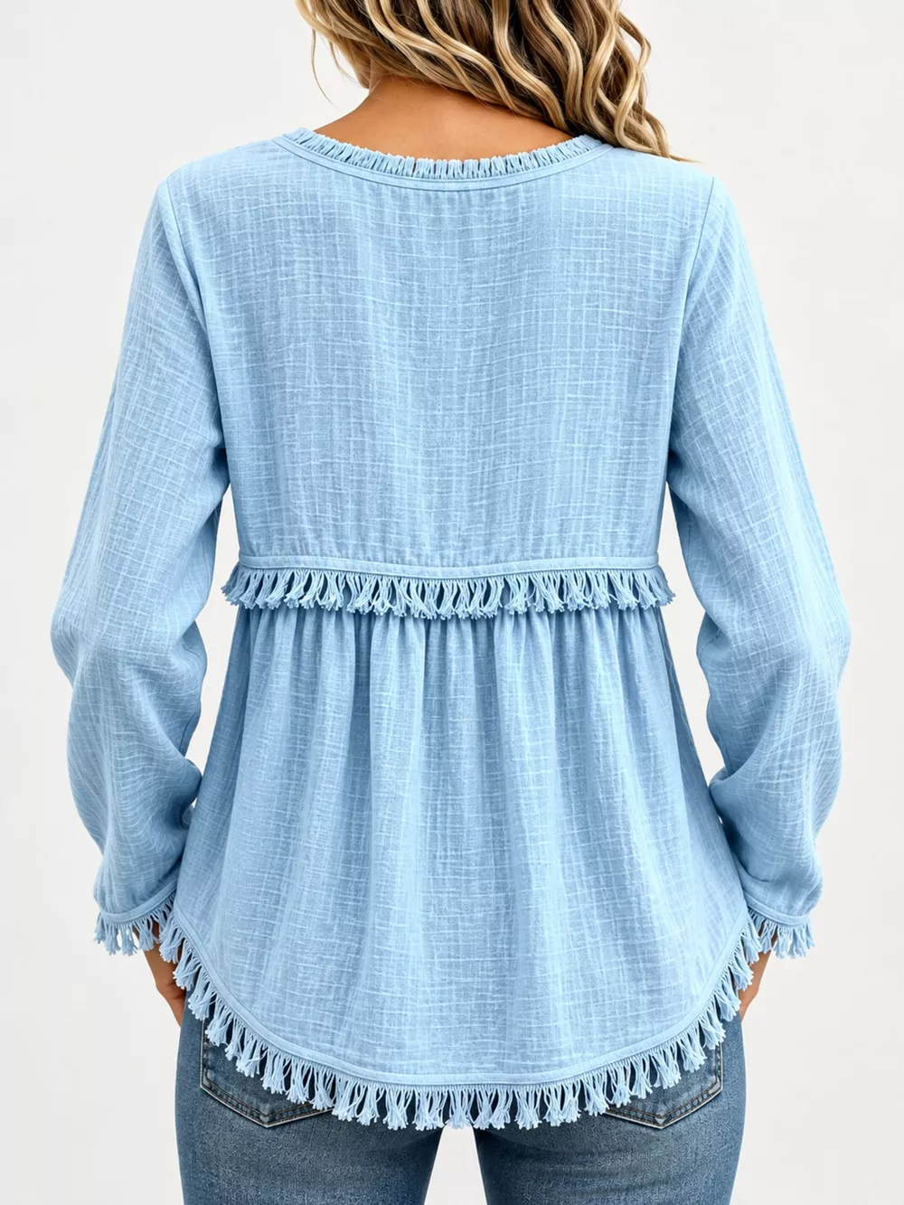 Full Size Fringed Trim V-Neck Long Sleeve Blouse Plus Size, image 30