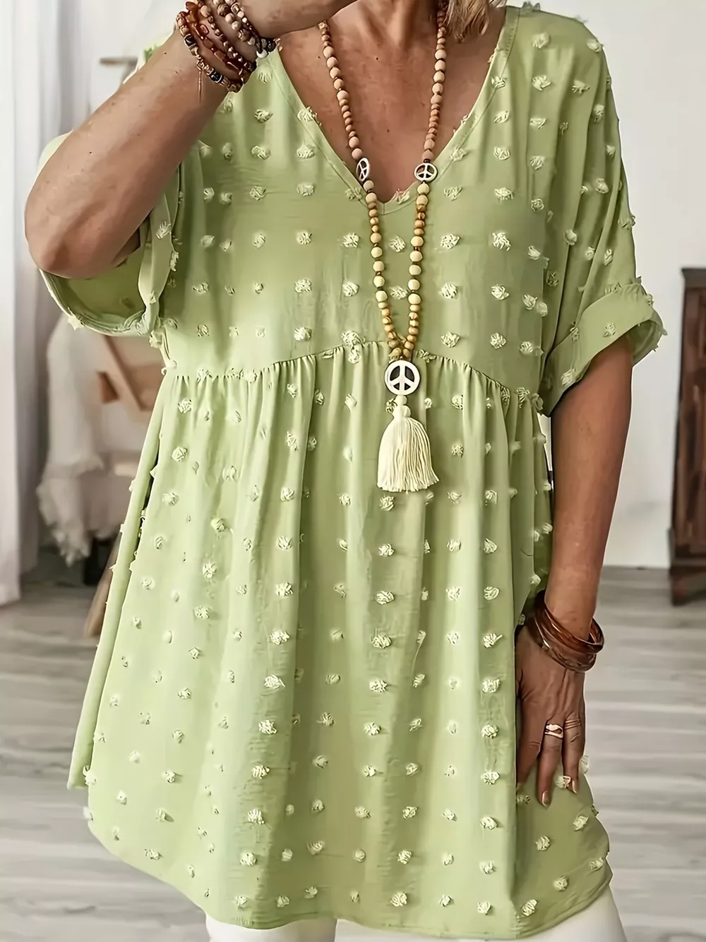 Plus Size Swiss Dot V-Neck Casual Blouse, image 2