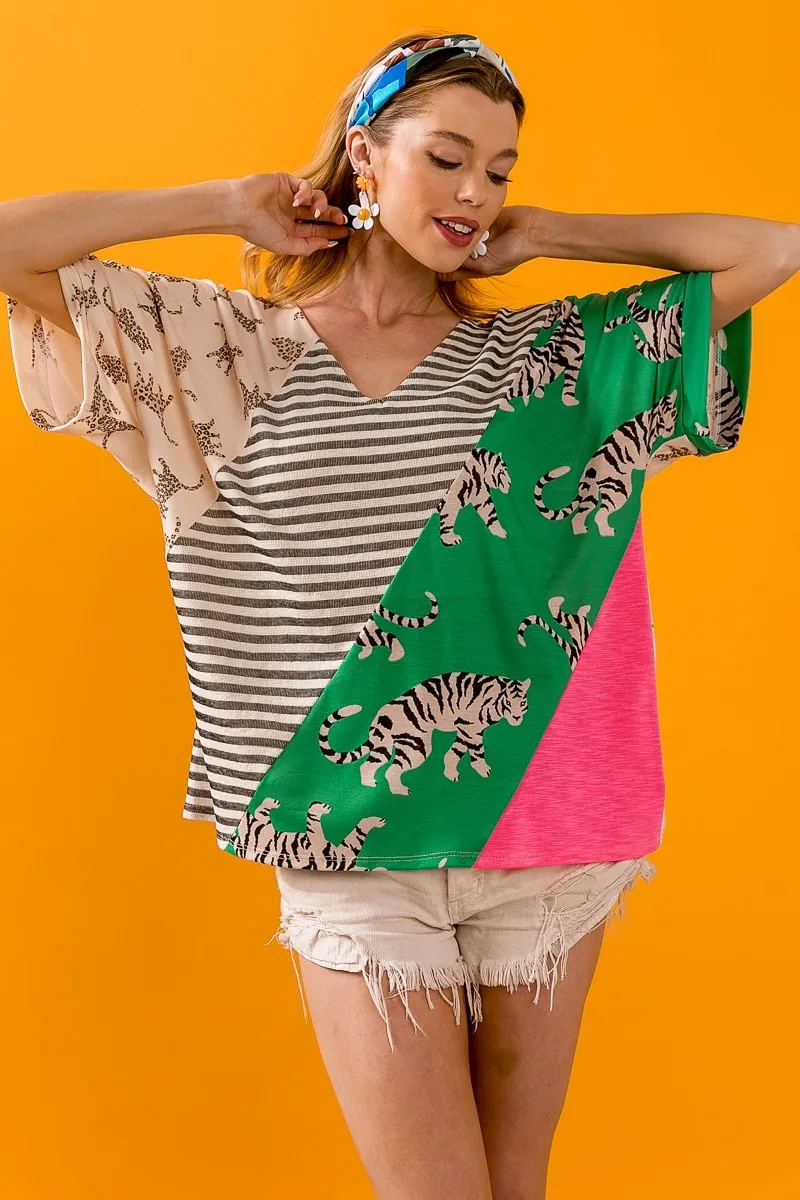 Tiger W Stripe Contrast Color Block V Neck Top, image 3