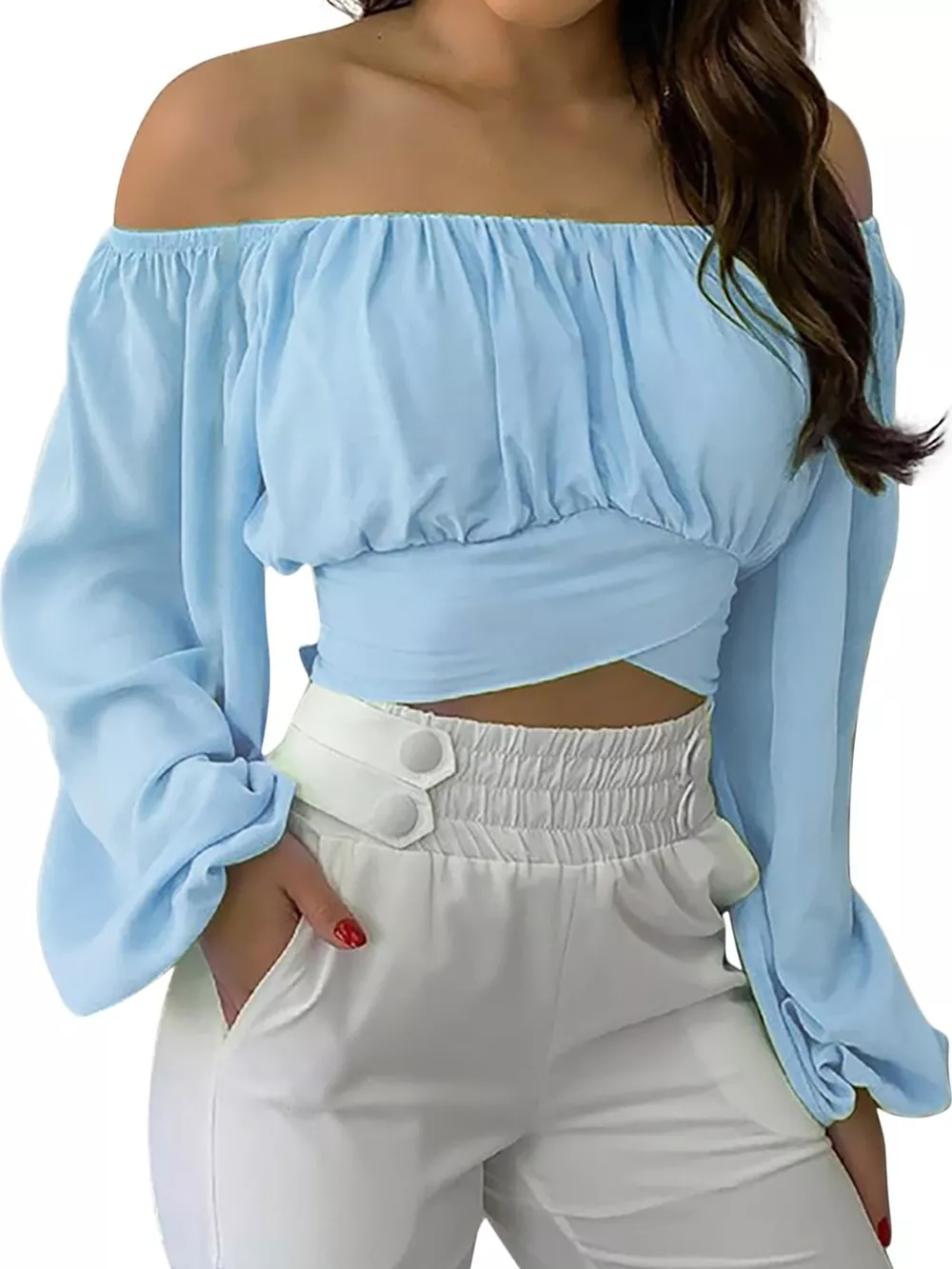 Off-Shoulder Long Sleeve Cropped Blouse, image 9