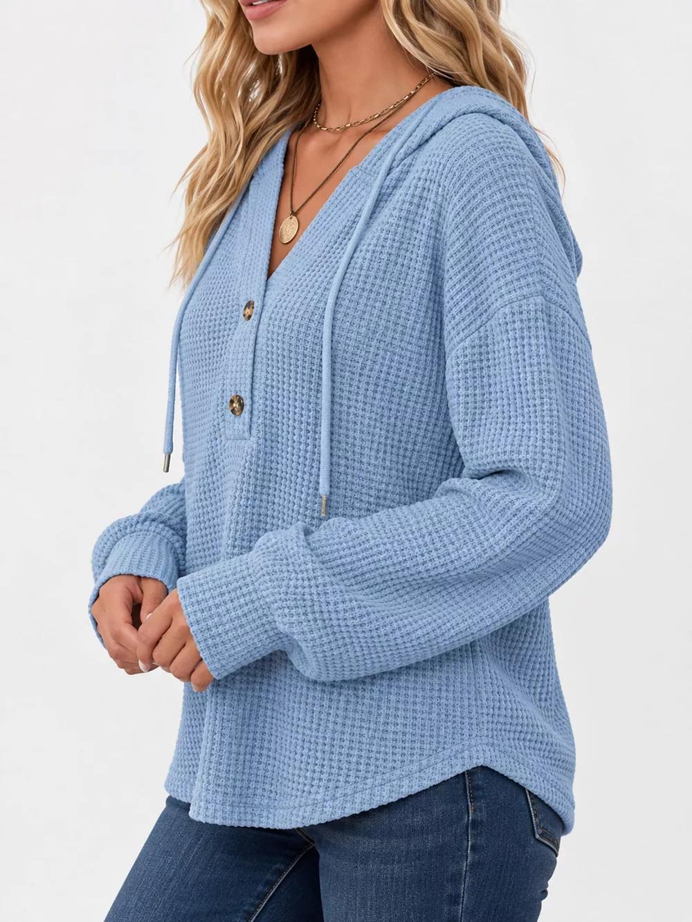 Full Size Waffle Knit Button Detail Hoodie Plus Size, image 68