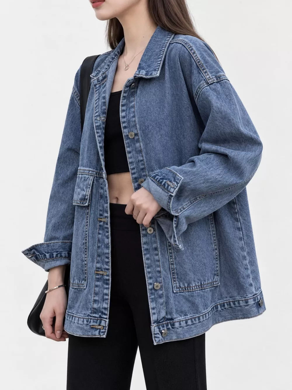 Oversized Wash Denim Jacket with Utility Pockets, image 7