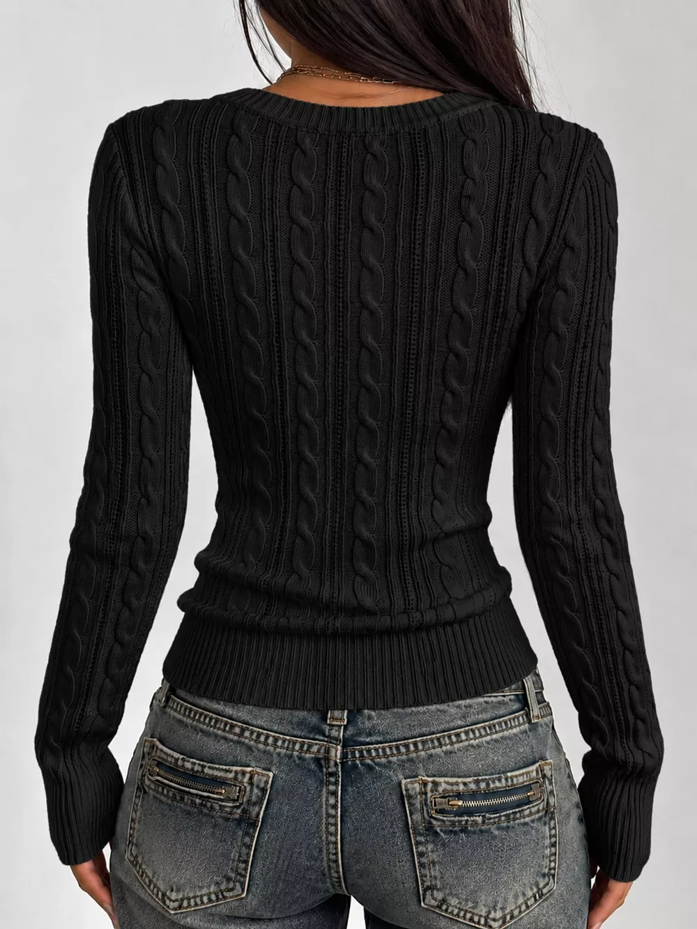 Slim-Fit Deep V-Neck Cable Knit Sweater, image 15