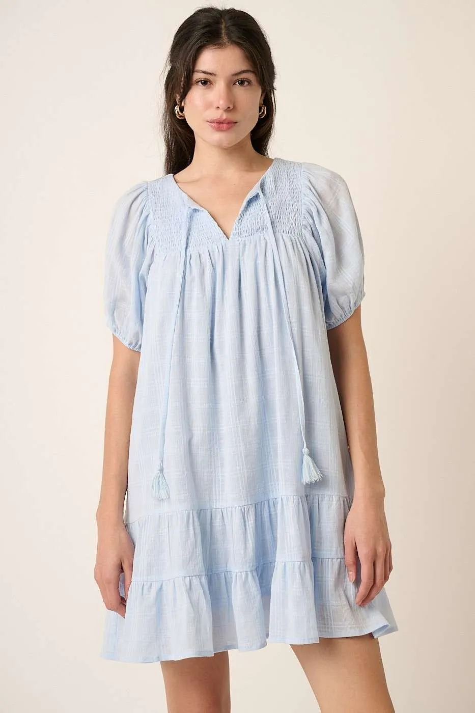 Tassel Tie Plaid Gauze Short Sleeve Mini Dress