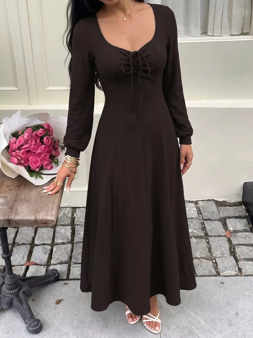 Long Sleeve Tie-Front Maxi Dress, image 4