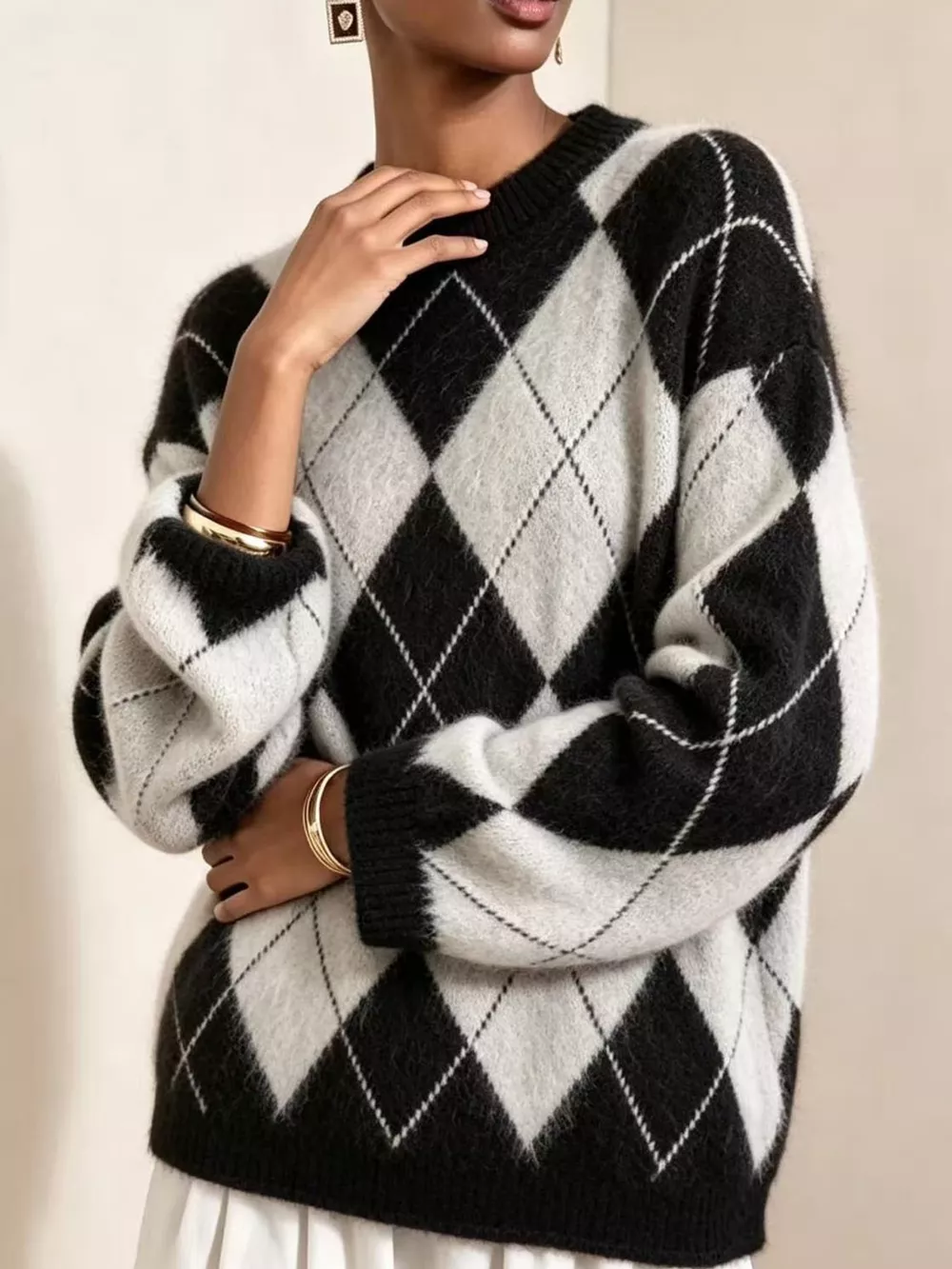 Argyle Pattern Fuzzy Knit Sweater, image 18