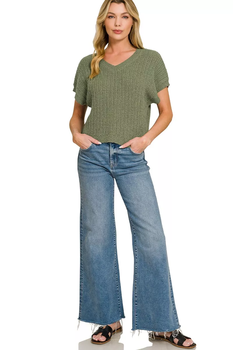 Textured Knit V-Neck Cropped Sweater, image 4