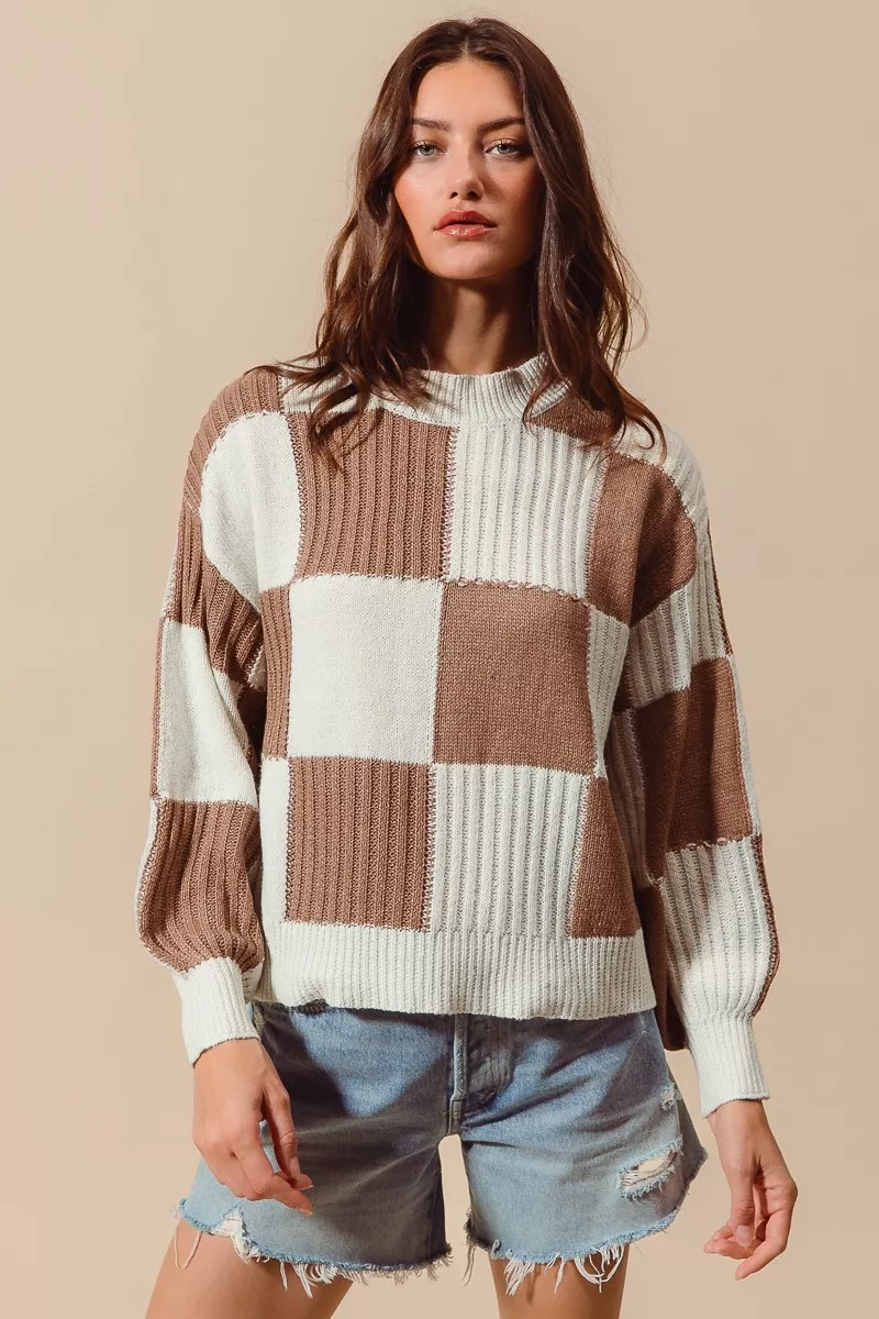 Ribbed Color Block Checkered Plaid Sweater