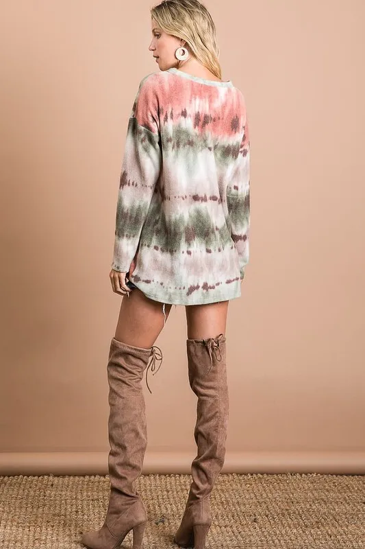 Brushed Tie Dye Looking Print V Neck Top, image 2