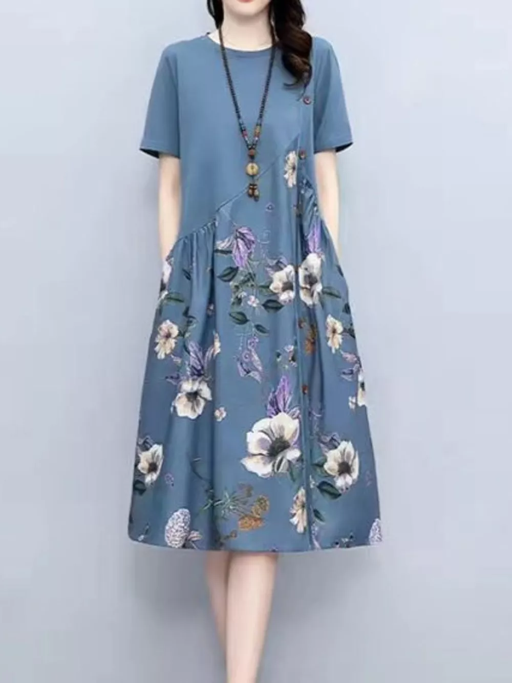 Plus Size Floral Print A-Line Midi Dress with Asymmetric Button Detail