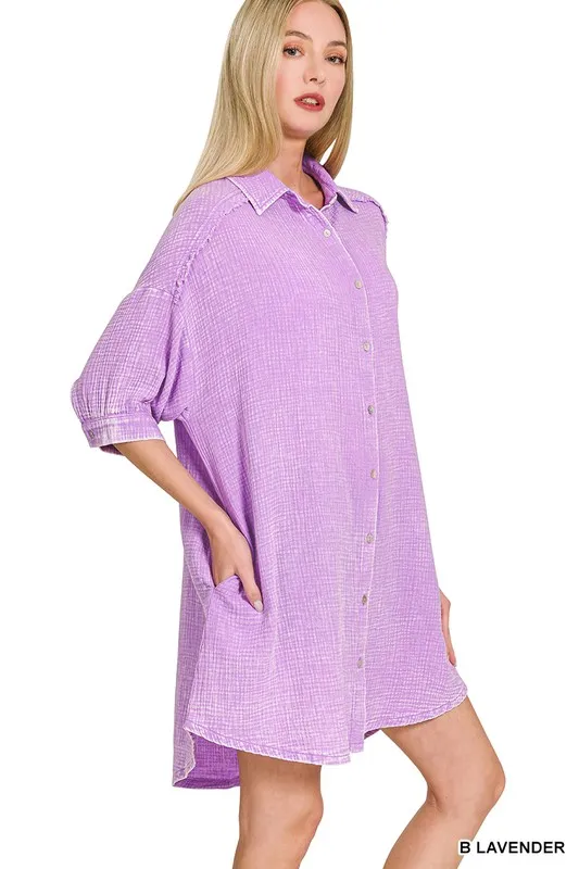Washed Double Gauze Button Down Shirt Dress, image 2