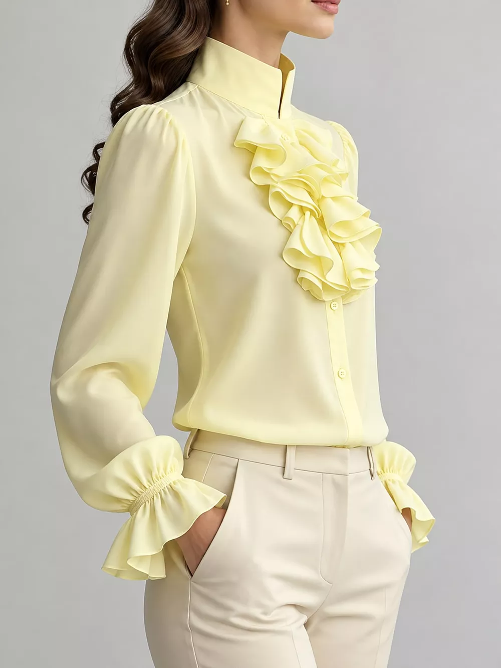 Ruffled Stand-Collar Blouse with Long Lantern Sleeves, image 35