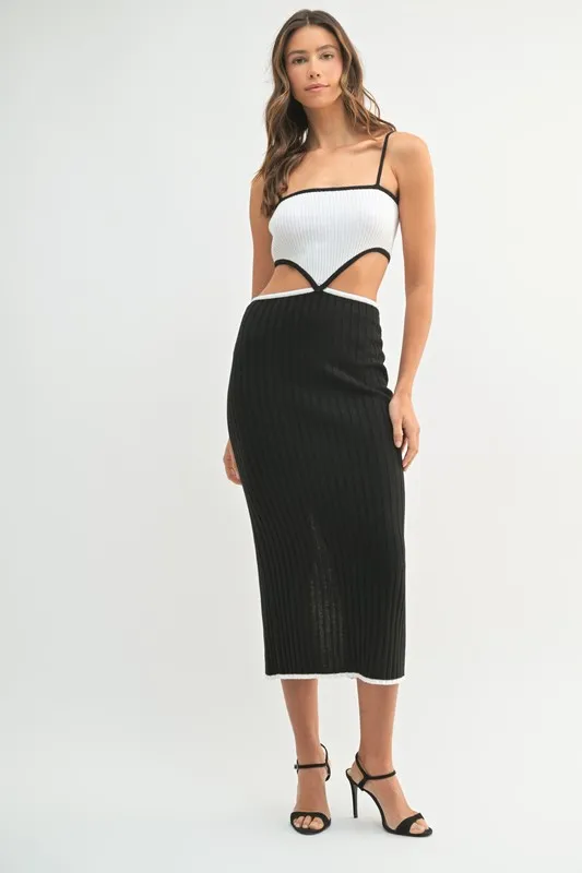 Ribbed Knit Color Block Cutout Midi Dress, image 3