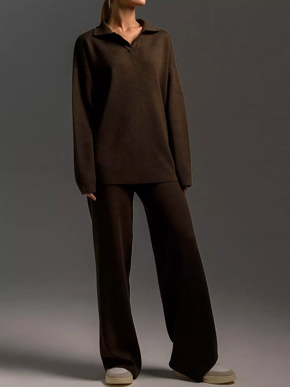 Polo Collar Top and Wide-Leg Pants Set, image 32
