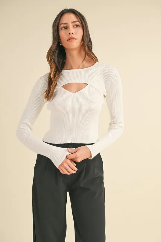 Cut Out Long Sleeve Ribbed Knit Top, image 2
