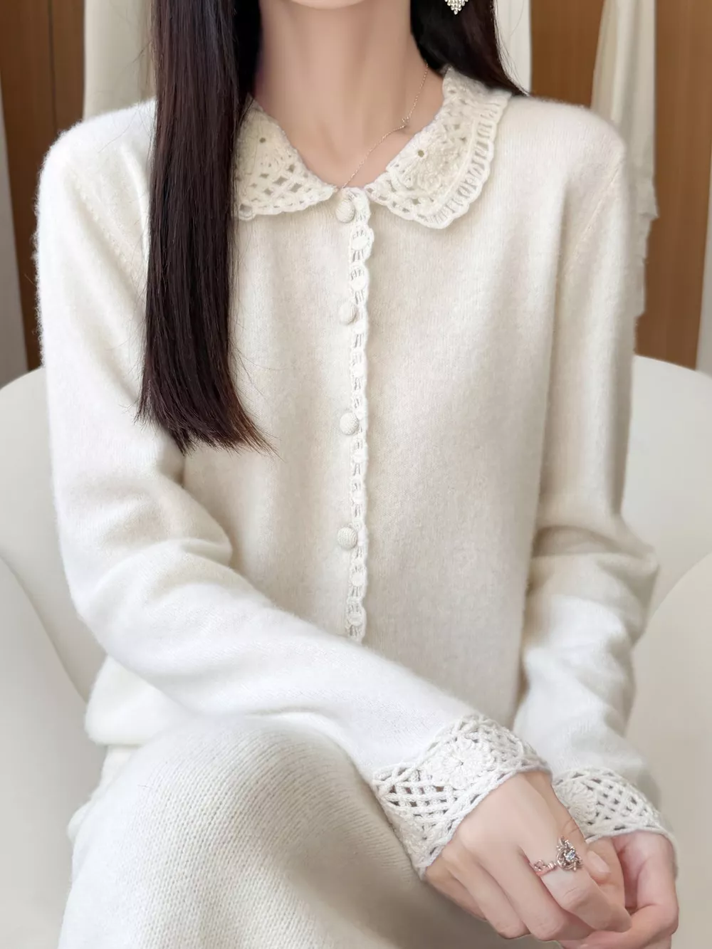 Lace-Collar Button Down Knit Cardigan, image 16