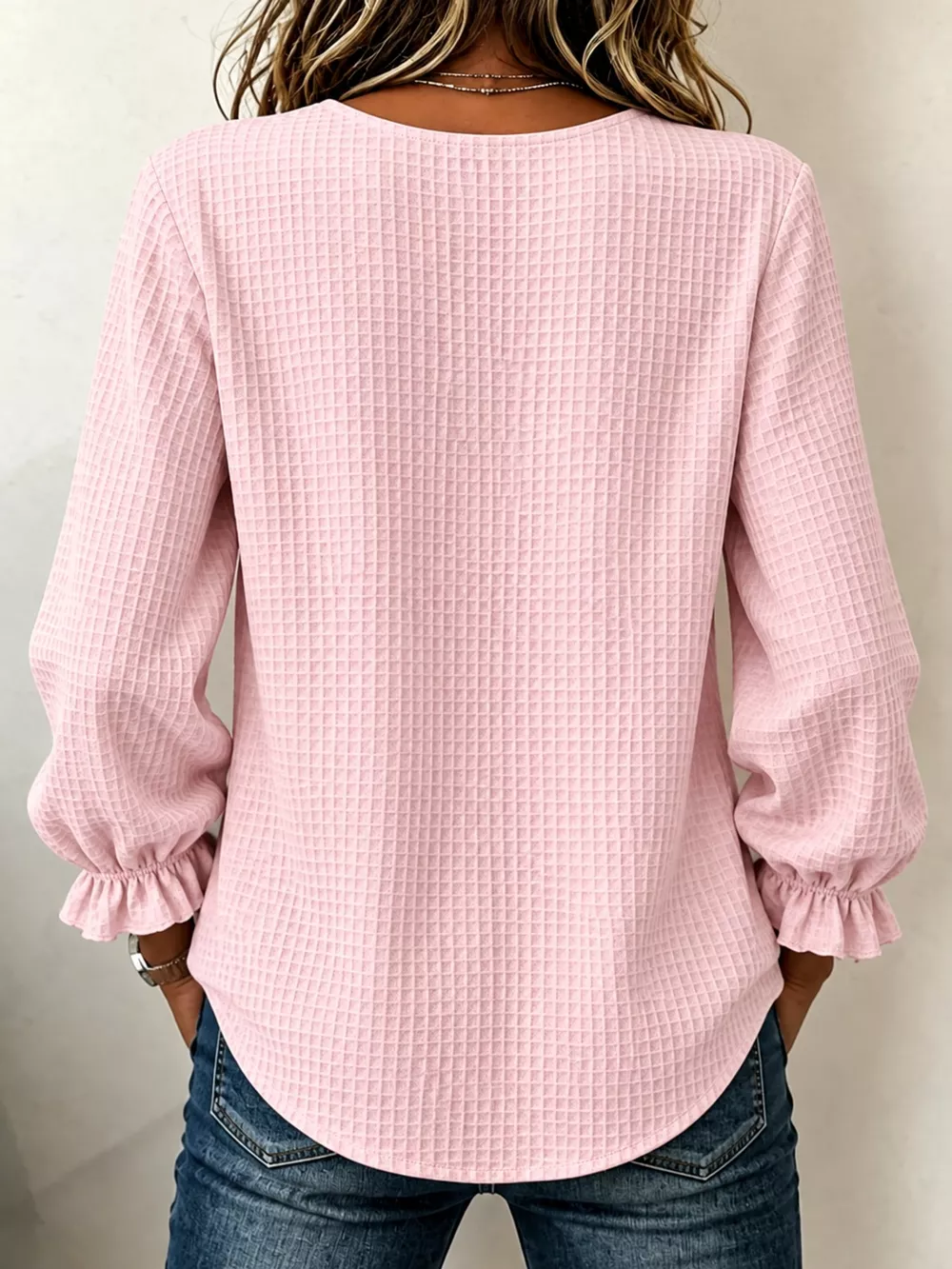 Full Size Waffle Knit Flounce Sleeve Blouse Plus Size, image 3