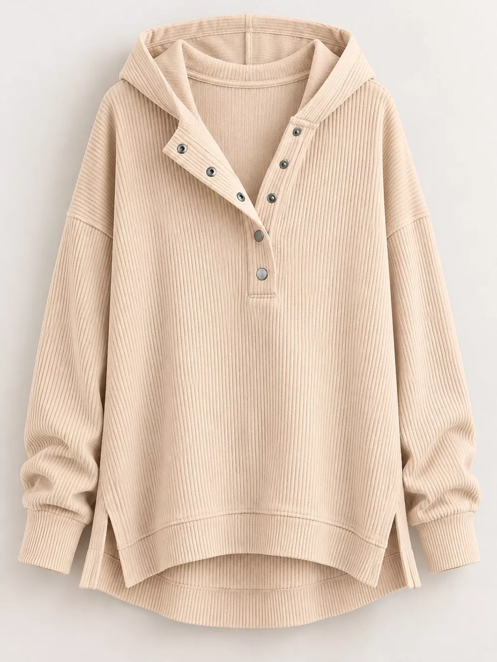 Full Size Snap Button Placket Dropped Shoulder Hoodie Plus Size, image 31