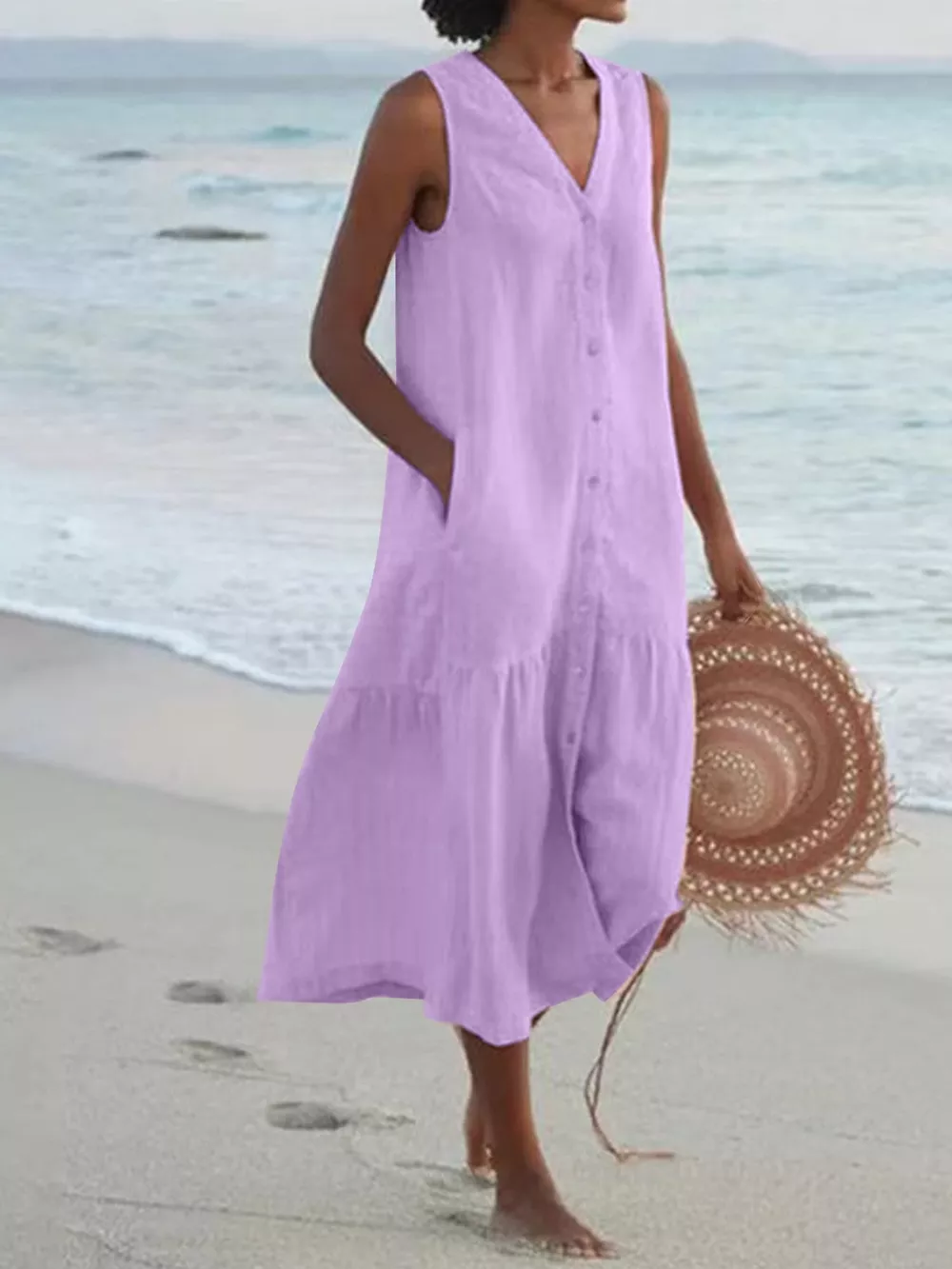 Full Size V-Neck Button Front Sleeveless Midi Dress Plus Size, image 26