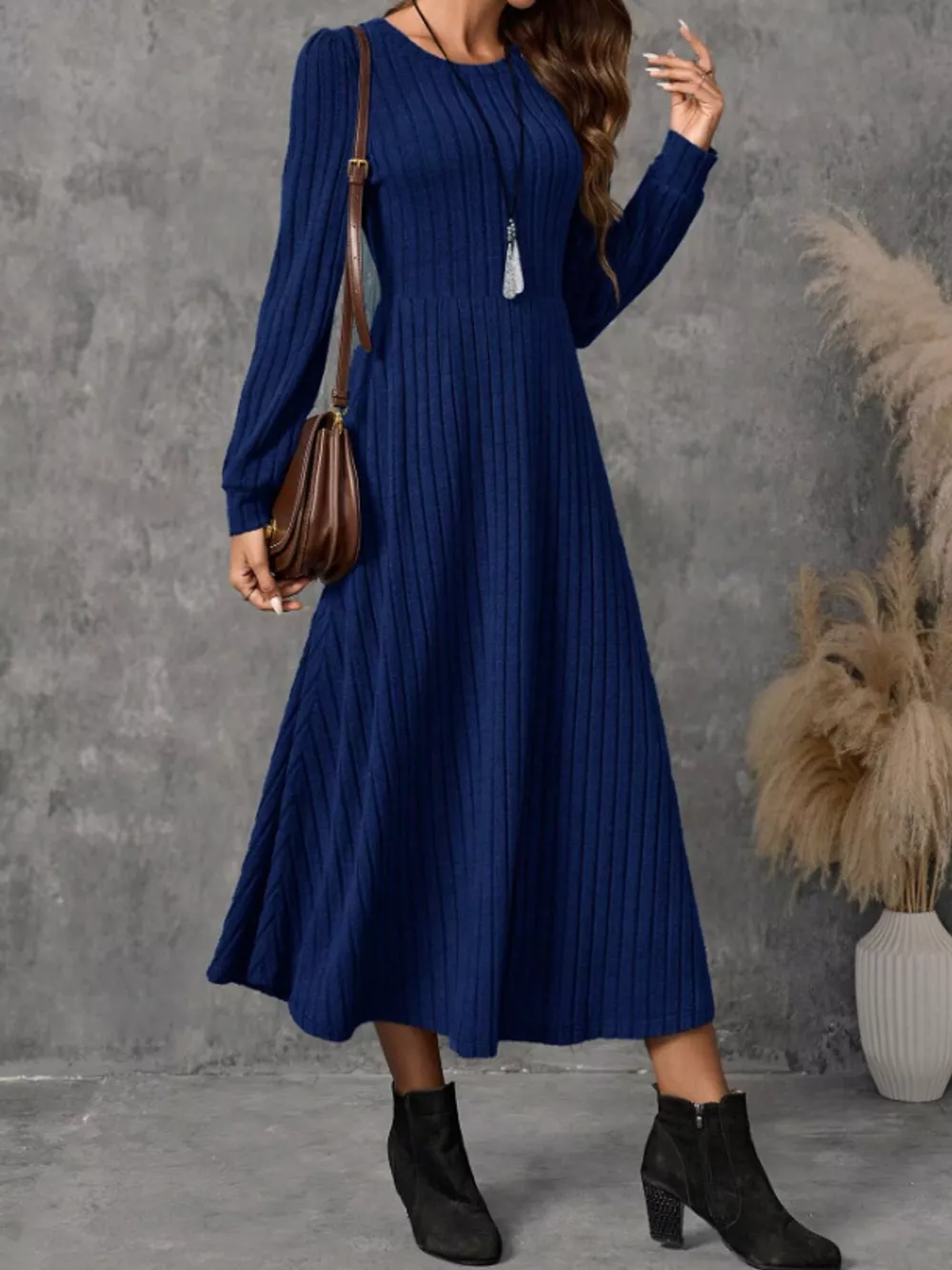 Ribbed Knit Long Sleeve A-Line Midi Dress, image 17