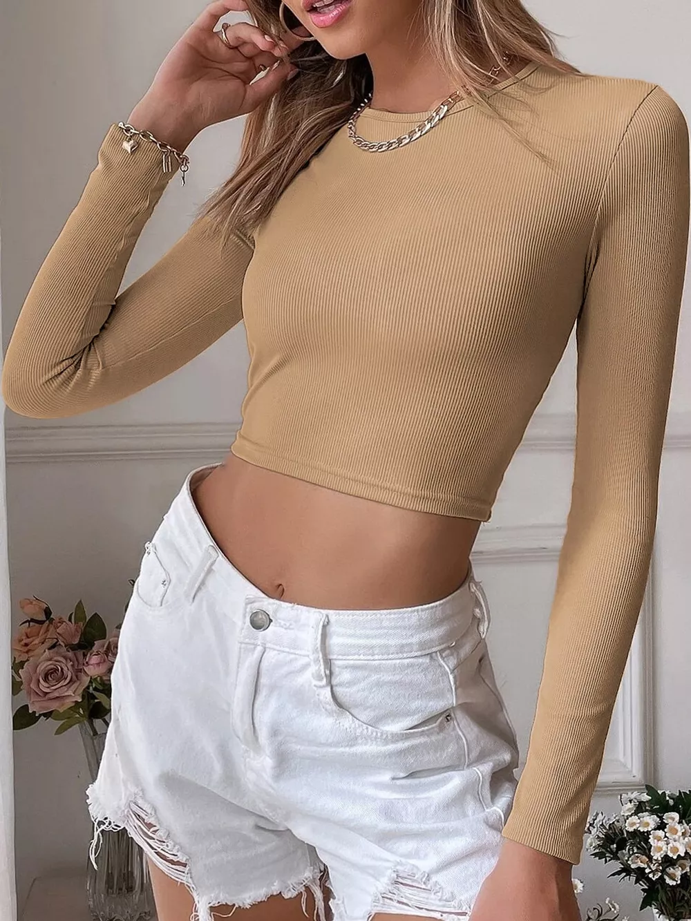Cutout Back Long Sleeve Crop T-Shirt, image 17
