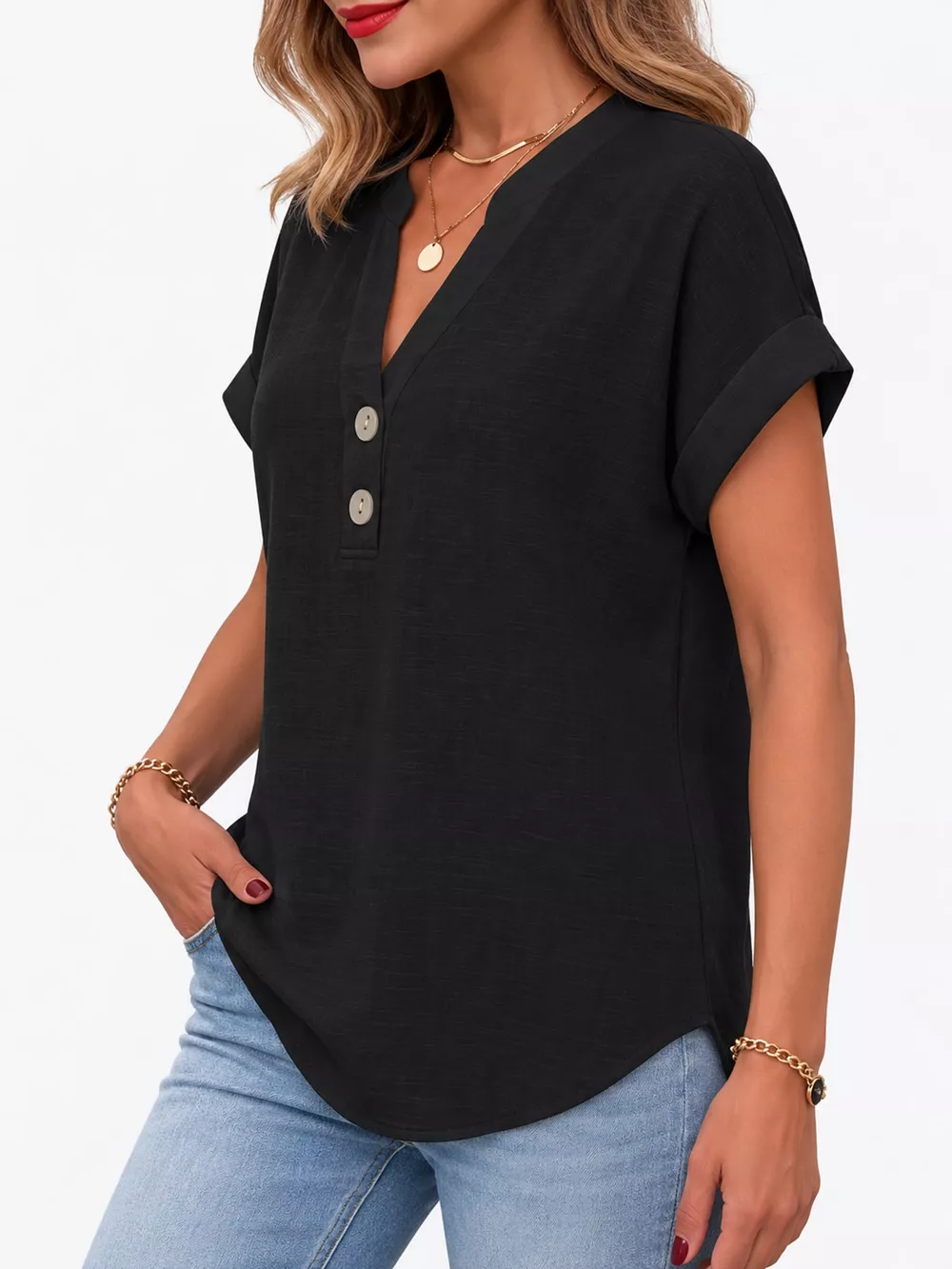 Full Size Button Detail Short Sleeve Blouse Plus Size, image 2