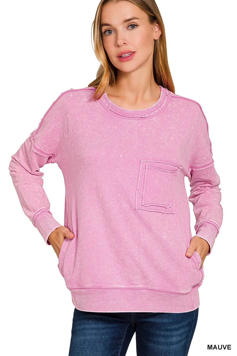 French Terry Washed Raw Edge Front Pocket Pullover