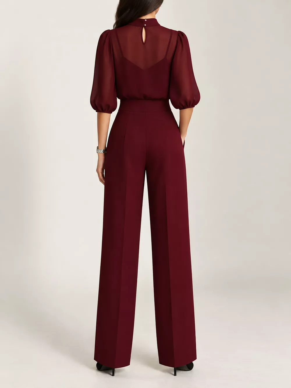 Mock Neck Puff Sleeve Top and Wide Leg Pants Set, image 7
