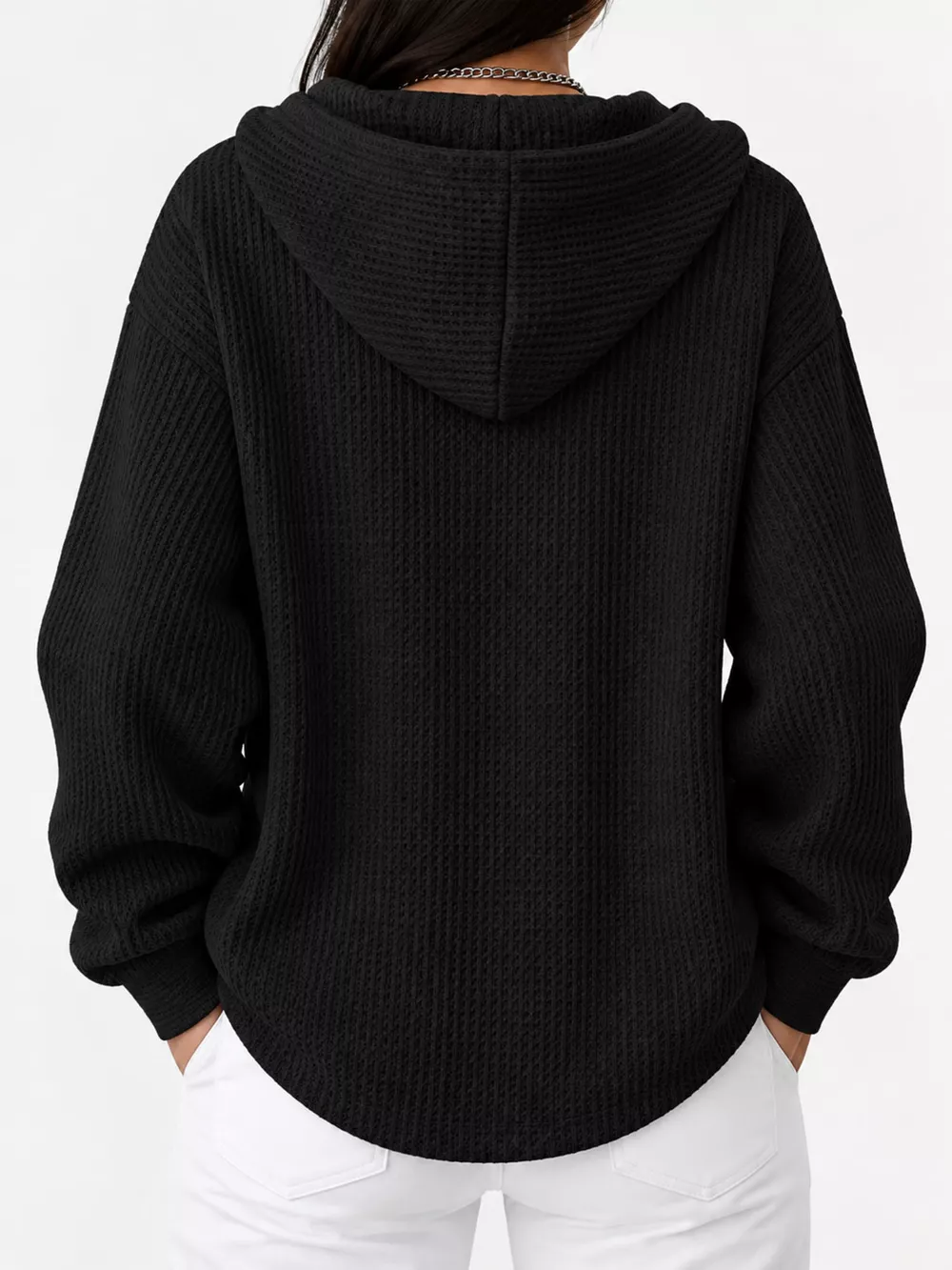 Full Size Waffle Knit Button Detail Hoodie Plus Size, image 22