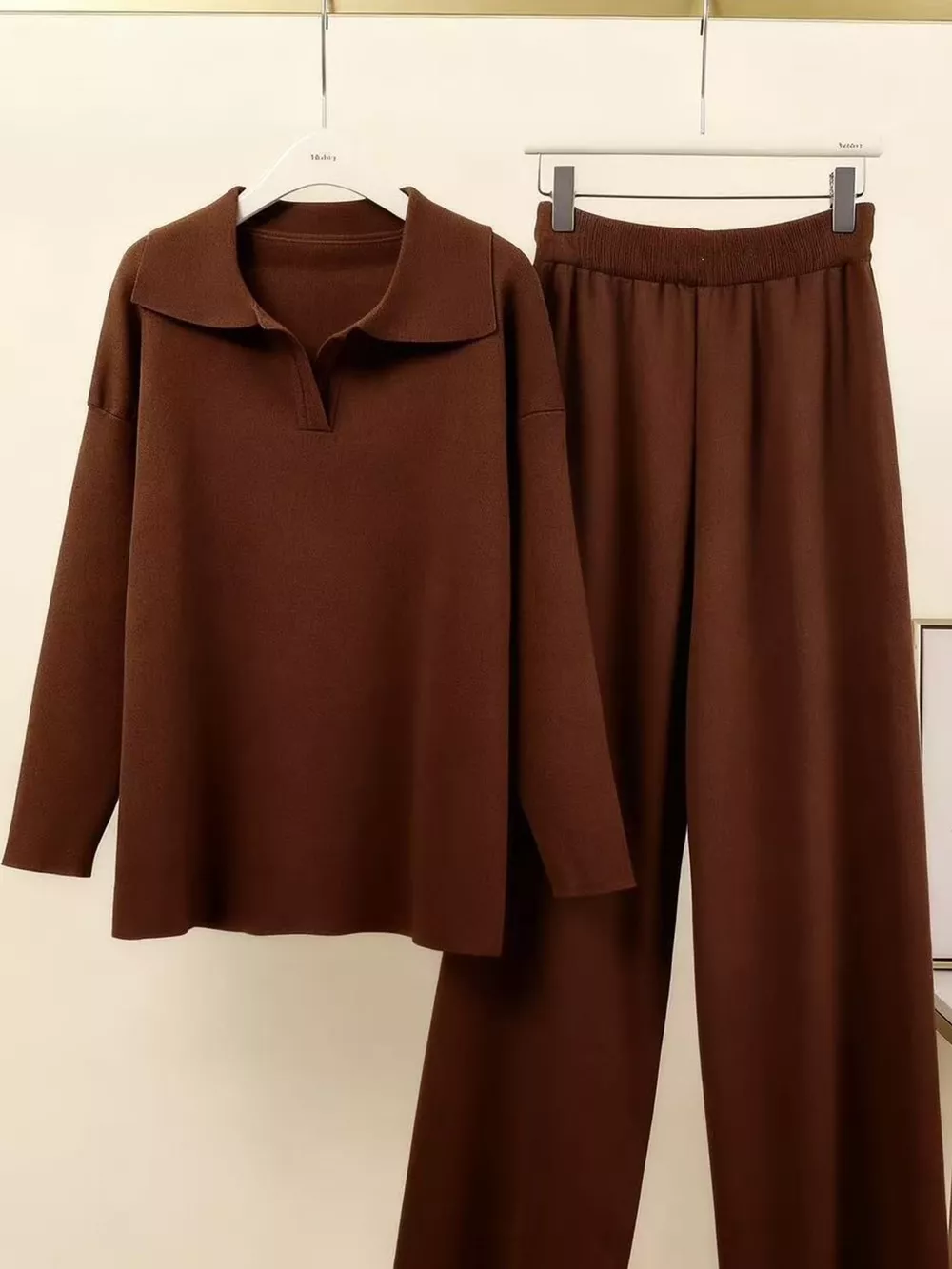 Polo Collar Top and Wide-Leg Pants Set, image 38