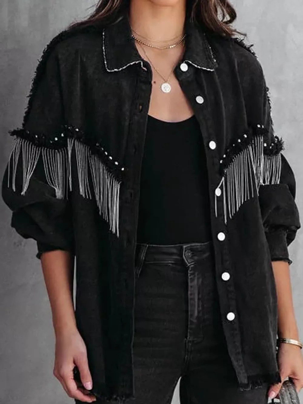 Full Size Fringe Embellished Washed Denim Jacket Plus Size, image 2