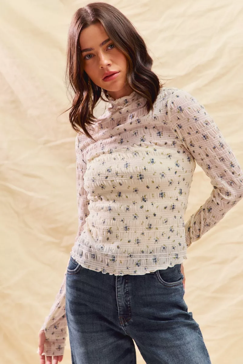 Floral Print Textured Long Sleeve Knit Top, image 11