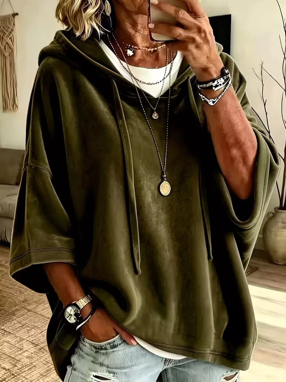 Full Size Velvet Half Sleeve Hoodie with Drawstring Plus Size, image 25