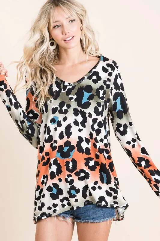 Gradation Leopard Print Soft Knit Deep U Neck Top, image 7
