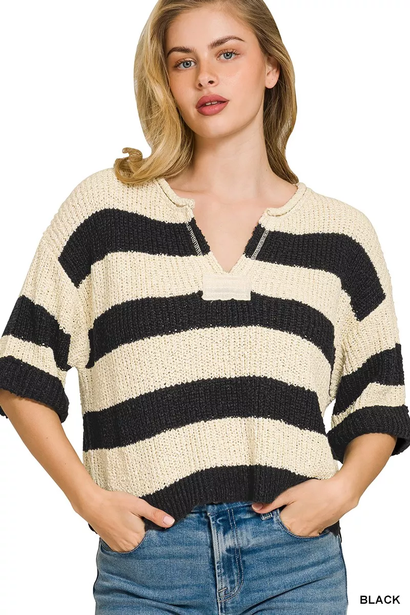 Split Neck Stripe Sweater