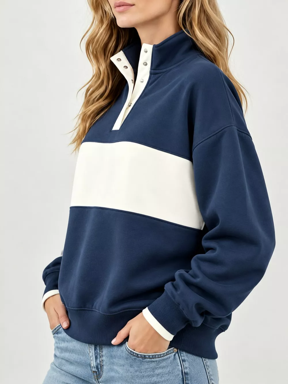 Full Size Color Block Snap-Button Sweatshirt Plus Size, image 32