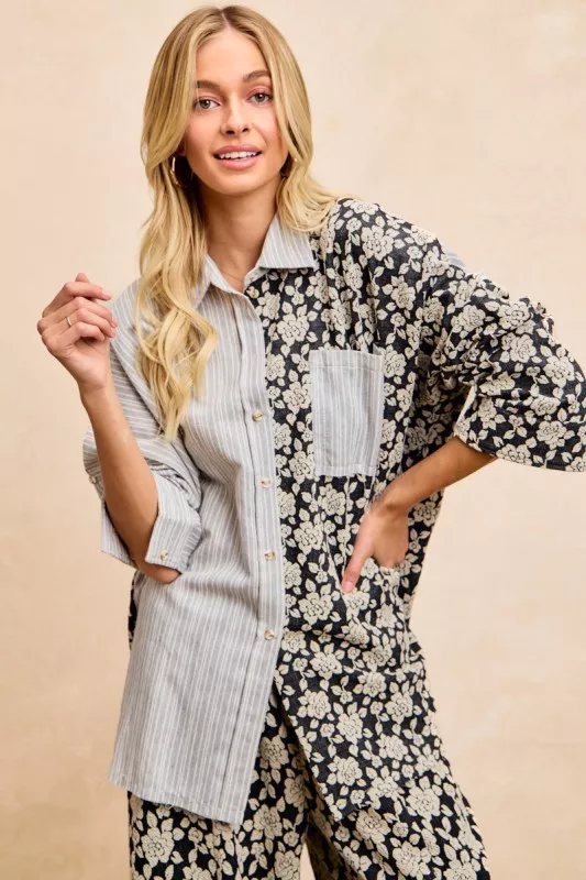 Stripes Jacquard Floral Mix And Match Shirt Top, image 2