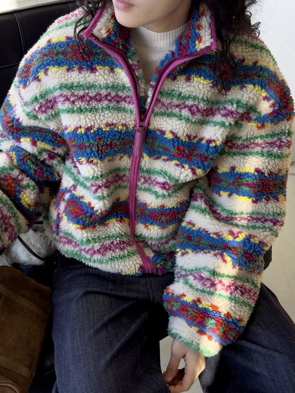 Colorful Patterned Sherpa Zip-Up Jacket, image 8