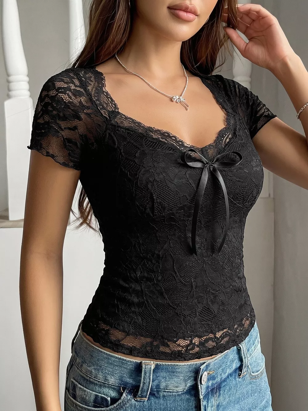 Lace Bowknot Slim Fit Top, image 4