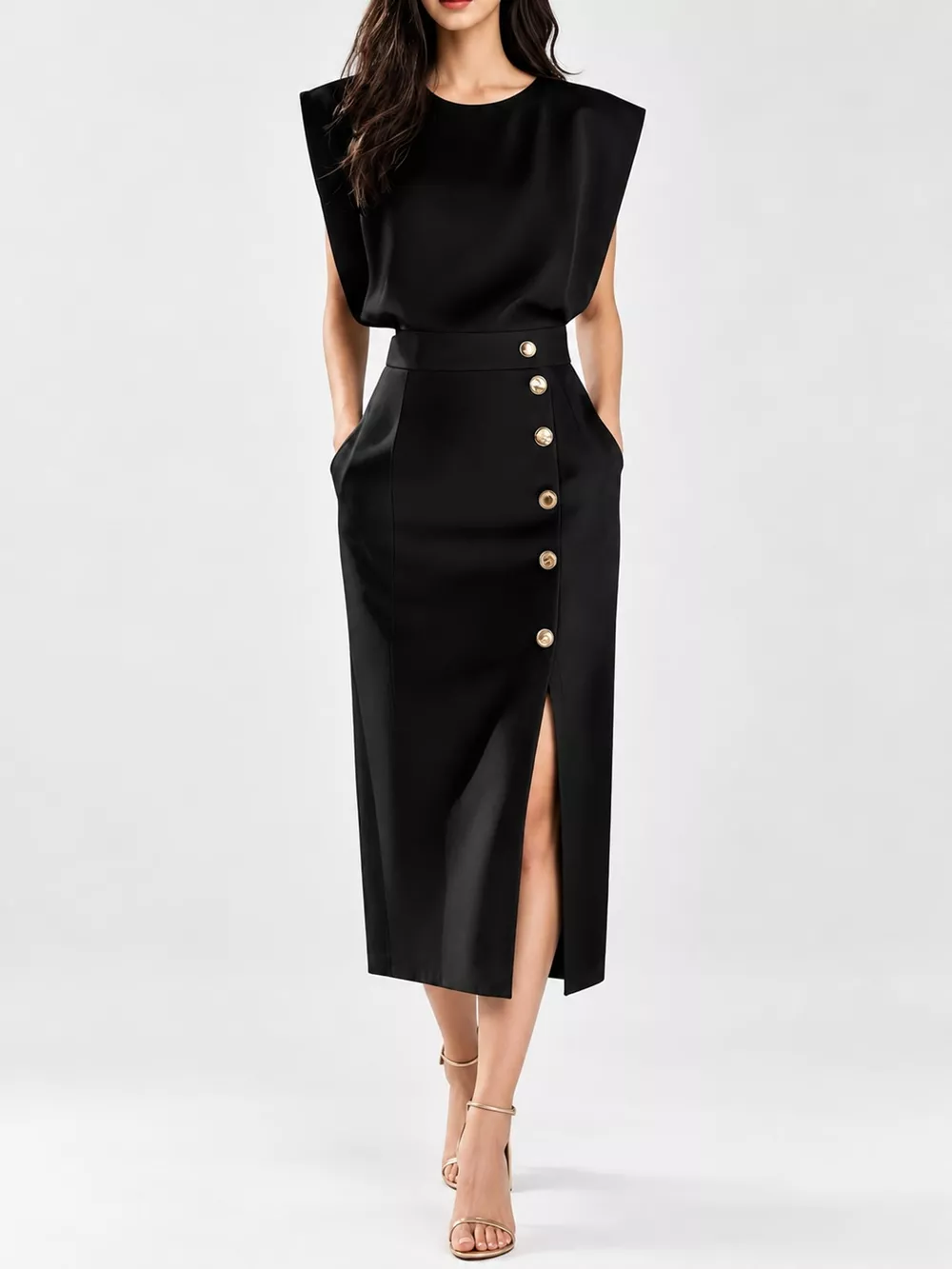 Sleeveless Midi Dress with Gold Button Detail and Side Slit