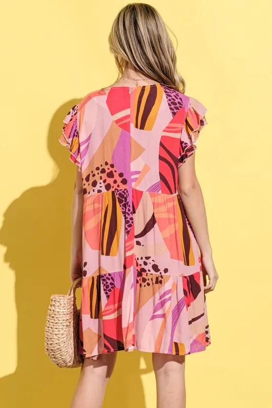 Printed Double Ruffles Sleeve Dress, image 2