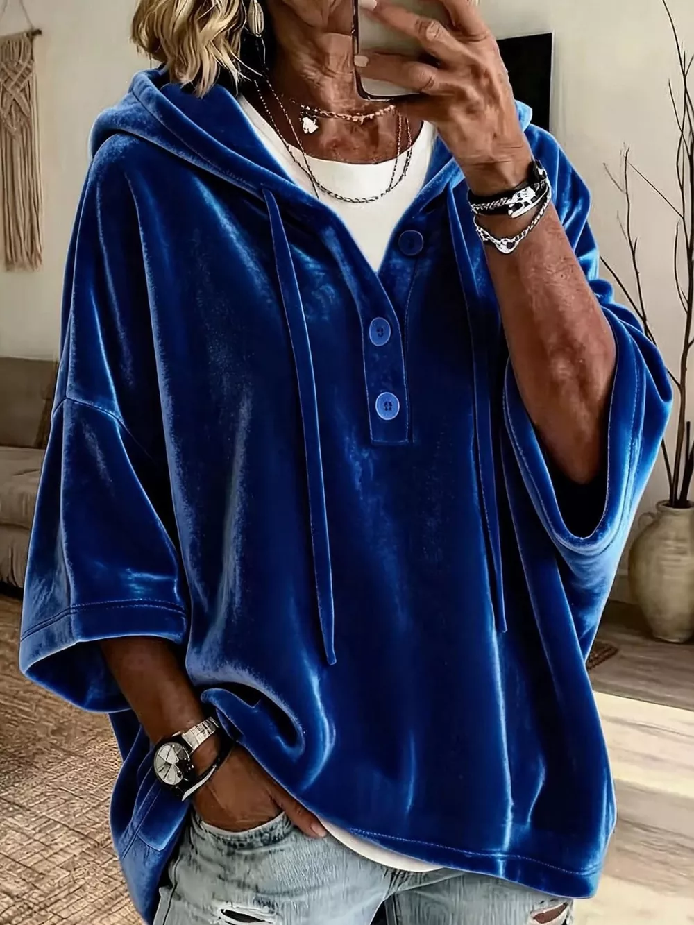Full Size Velvet Button Detail Hoodie Plus Size, image 5