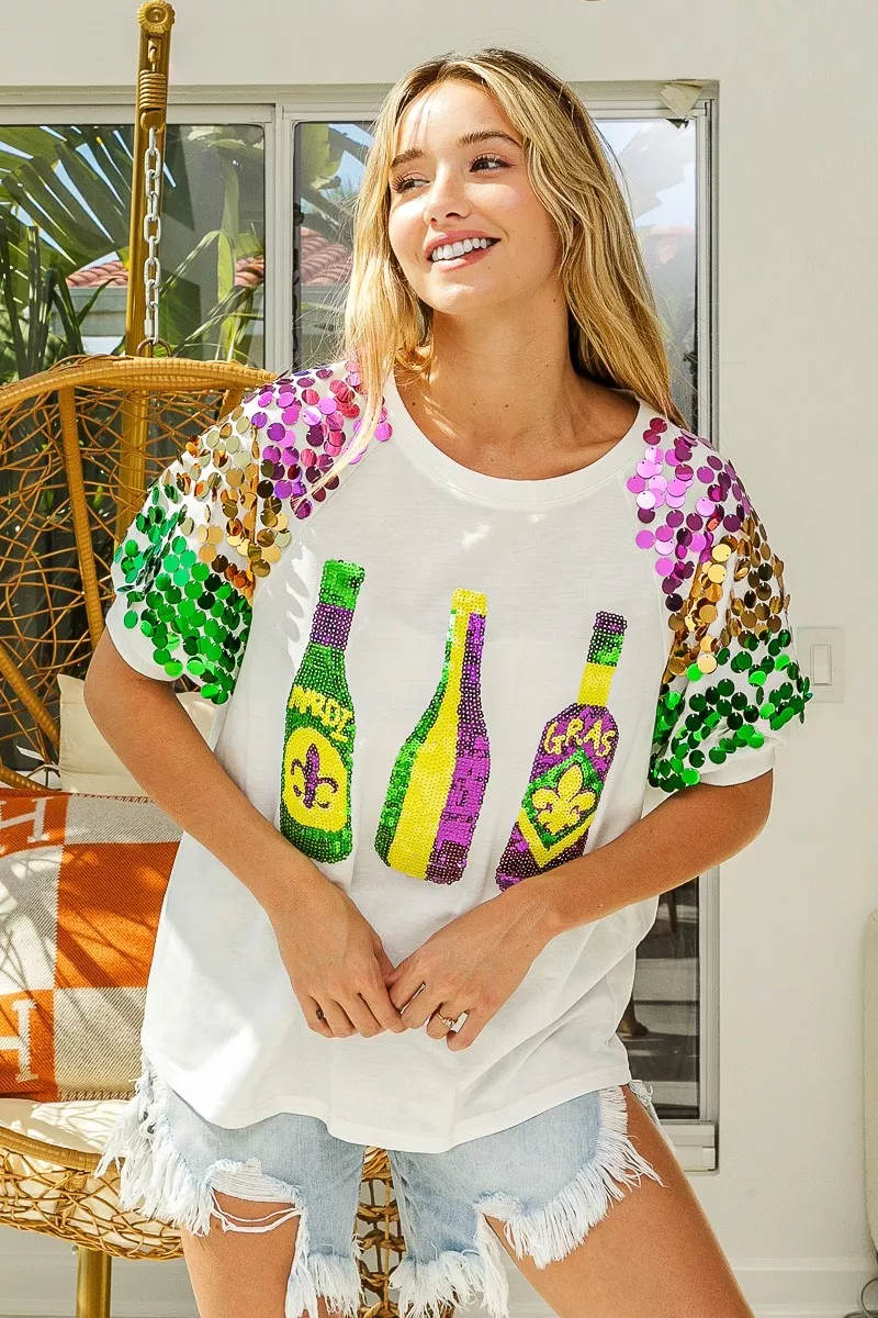 Sequin Mardi Gras Bottles Spangled Sleeve Top, image 5